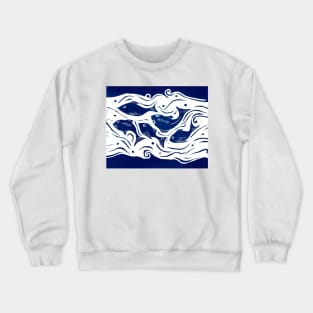 Fish Linocut in Blue and White Crewneck Sweatshirt